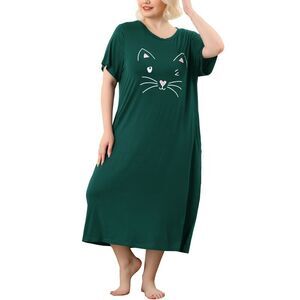 Women's Plus Size Nightgown Pajamas Pockets Cute Cat Sleepwear Dark Green